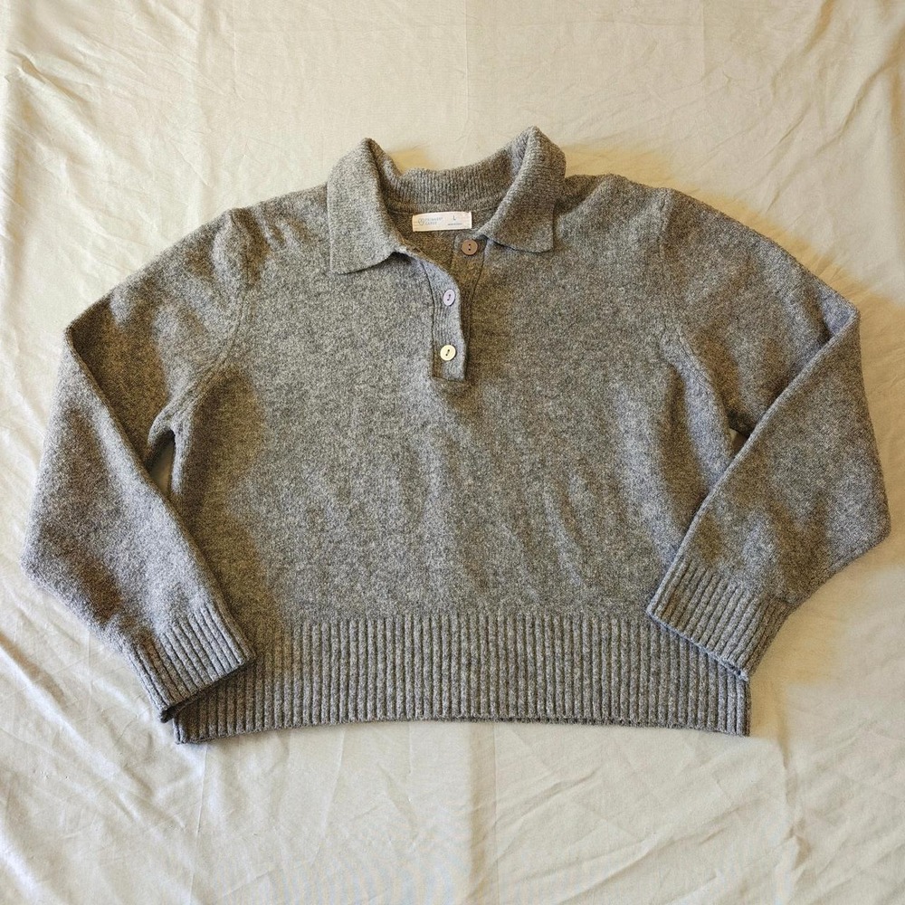 Primark Cares Womens Gray Wool Blend Knit Cropped Polo Sweater Pullover L